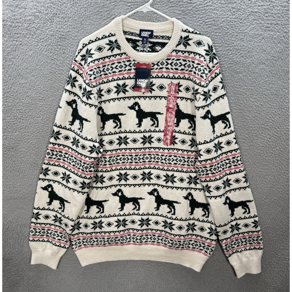 Lands End Sweater Adult XL Multicolor Fair Isle Knit Crewneck Geometric Dog NEW